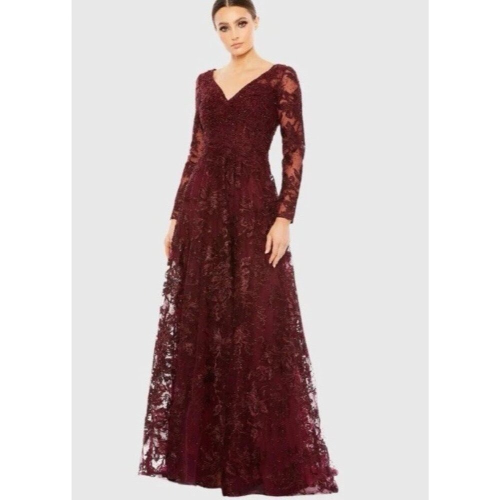 Mac Duggal Gown Dress Womens Size 4 Illusion Embroidered Sleeve 20409 $798